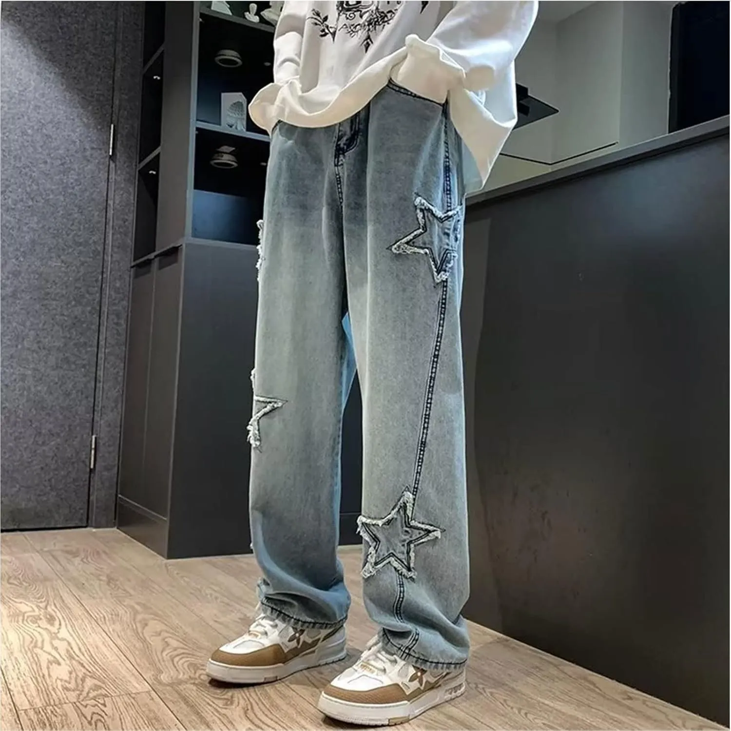 Men's Y2K Jeans Vintage Hip Hop Style Baggy Denim Star Pants Loose Fit Straight Trousers
