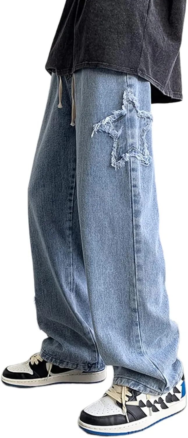 Men's Y2K Jeans Vintage Hip Hop Style Baggy Denim Star Pants Loose Fit Straight Trousers