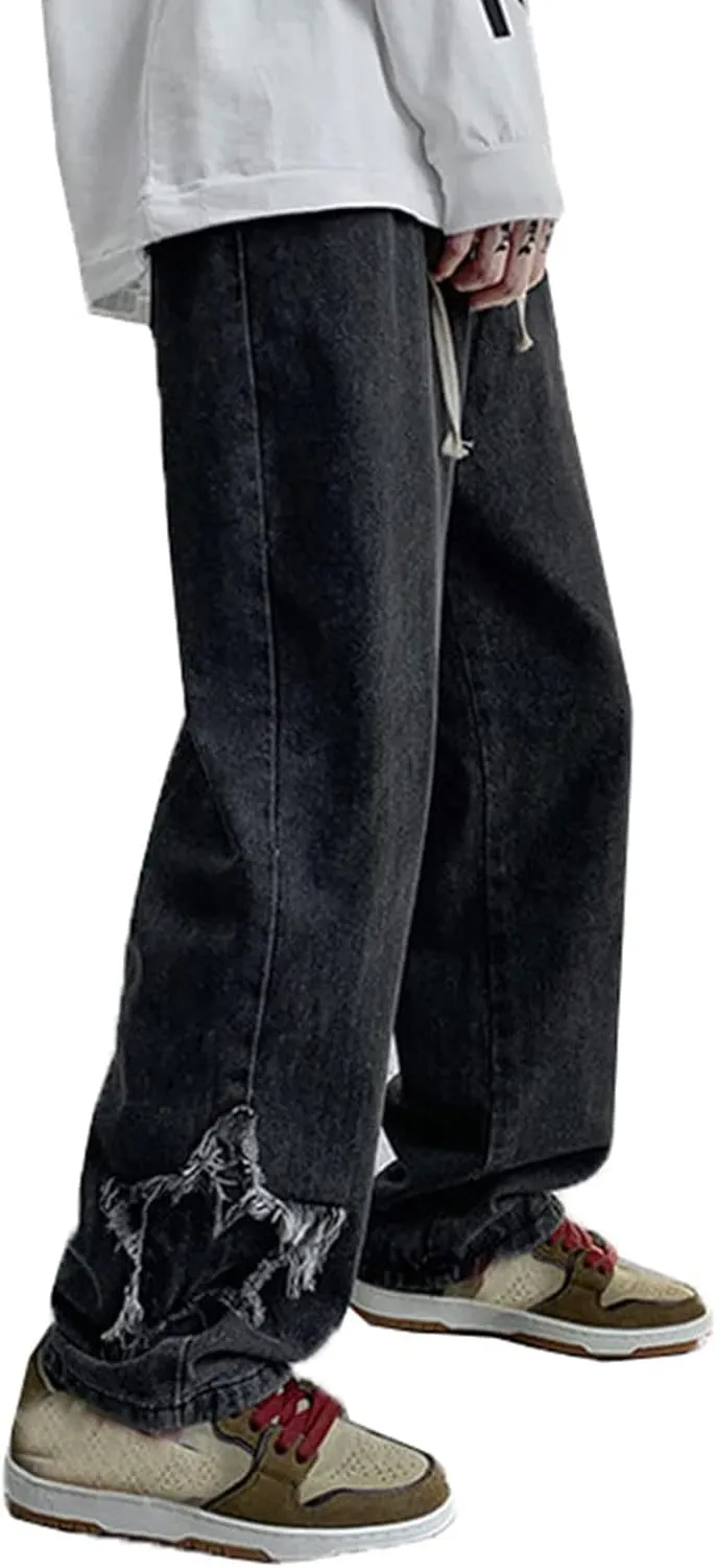 Men's Y2K Jeans Vintage Hip Hop Style Baggy Denim Star Pants Loose Fit Straight Trousers