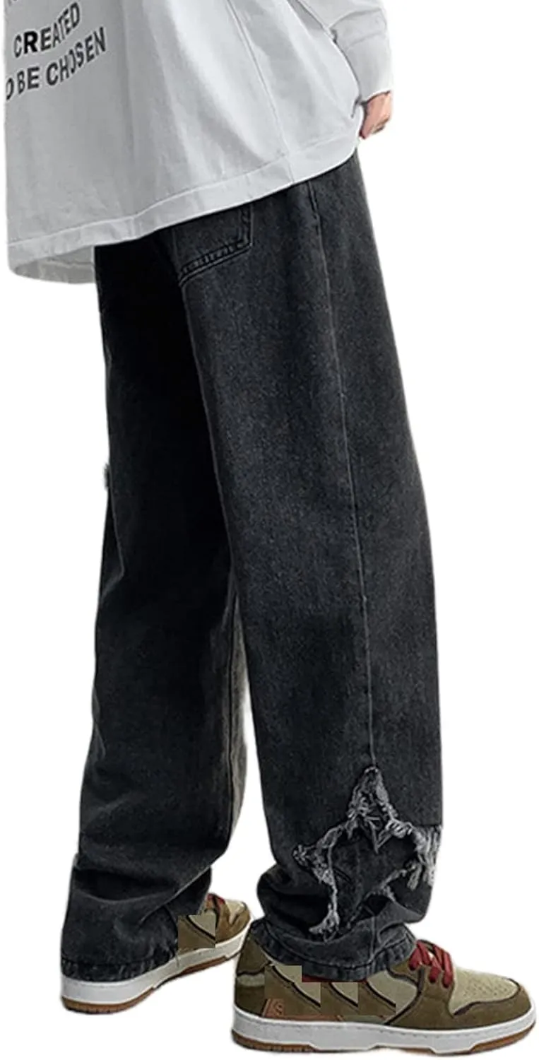 Men's Y2K Jeans Vintage Hip Hop Style Baggy Denim Star Pants Loose Fit Straight Trousers