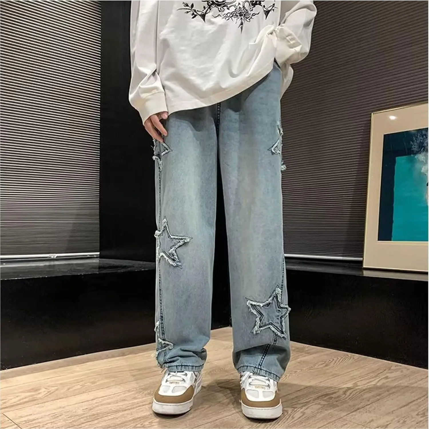 Men's Y2K Jeans Vintage Hip Hop Style Baggy Denim Star Pants Loose Fit Straight Trousers