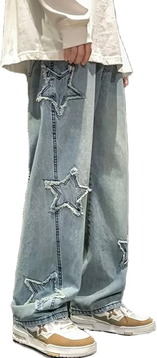 Men's Y2K Jeans Vintage Hip Hop Style Baggy Denim Star Pants Loose Fit Straight Trousers