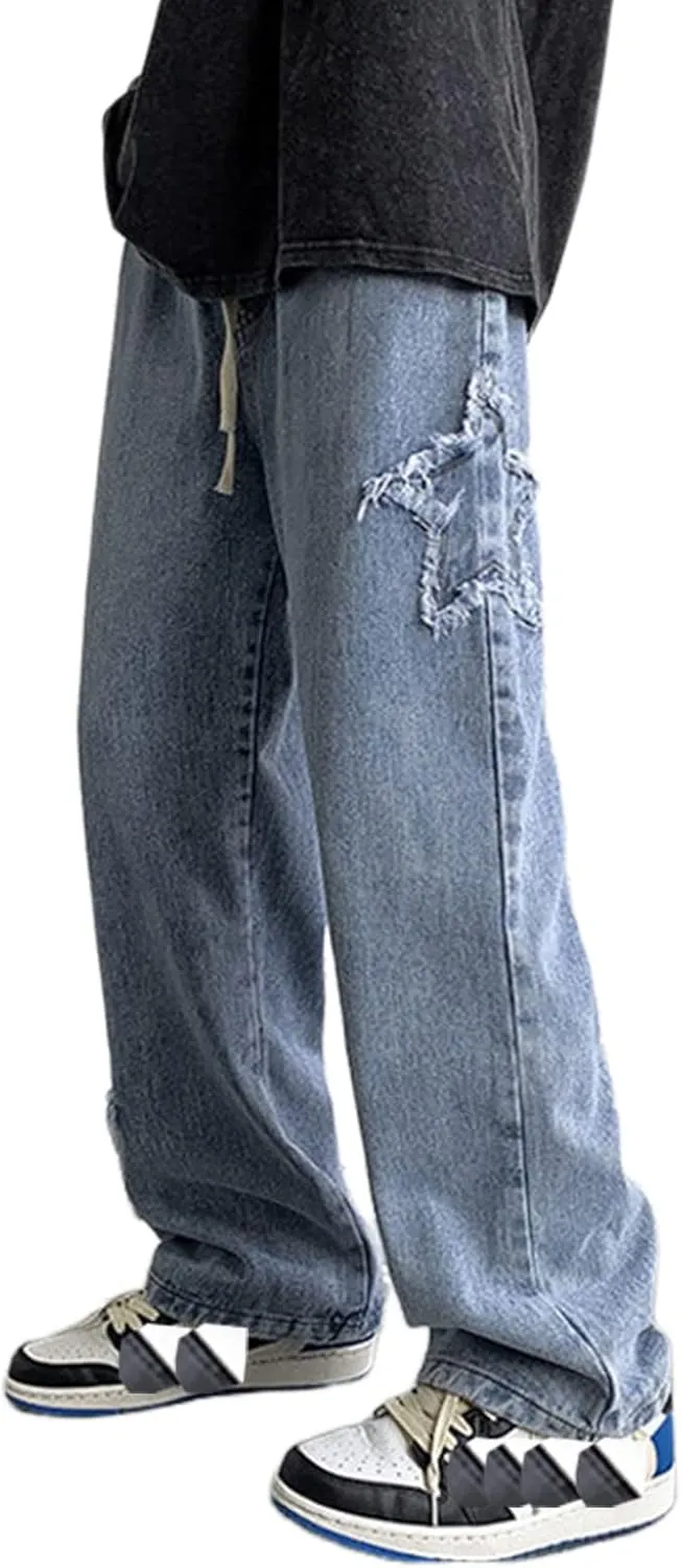 Men's Y2K Jeans Vintage Hip Hop Style Baggy Denim Star Pants Loose Fit Straight Trousers