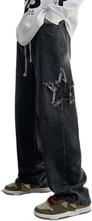 Men's Y2K Jeans Vintage Hip Hop Style Baggy Denim Star Pants Loose Fit Straight Trousers