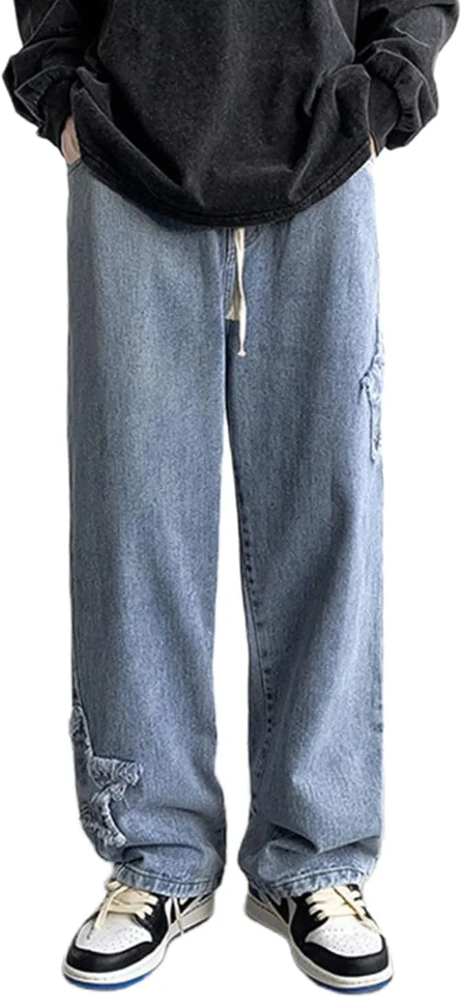 Men's Y2K Jeans Vintage Hip Hop Style Baggy Denim Star Pants Loose Fit Straight Trousers