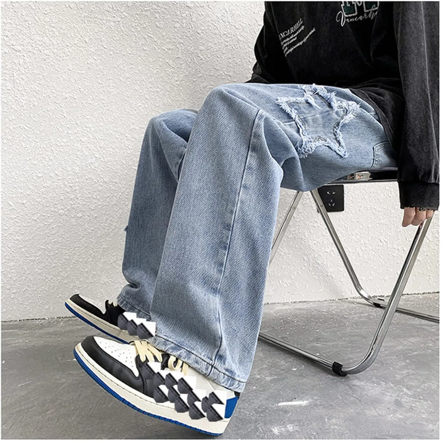 Men's Y2K Jeans Vintage Hip Hop Style Baggy Denim Star Pants Loose Fit Straight Trousers