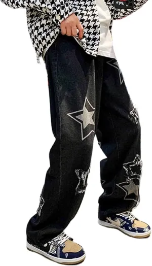 Men's Y2K Jeans Vintage Star Baggy Jean Denim Pants Loose Fit Straight Trousers