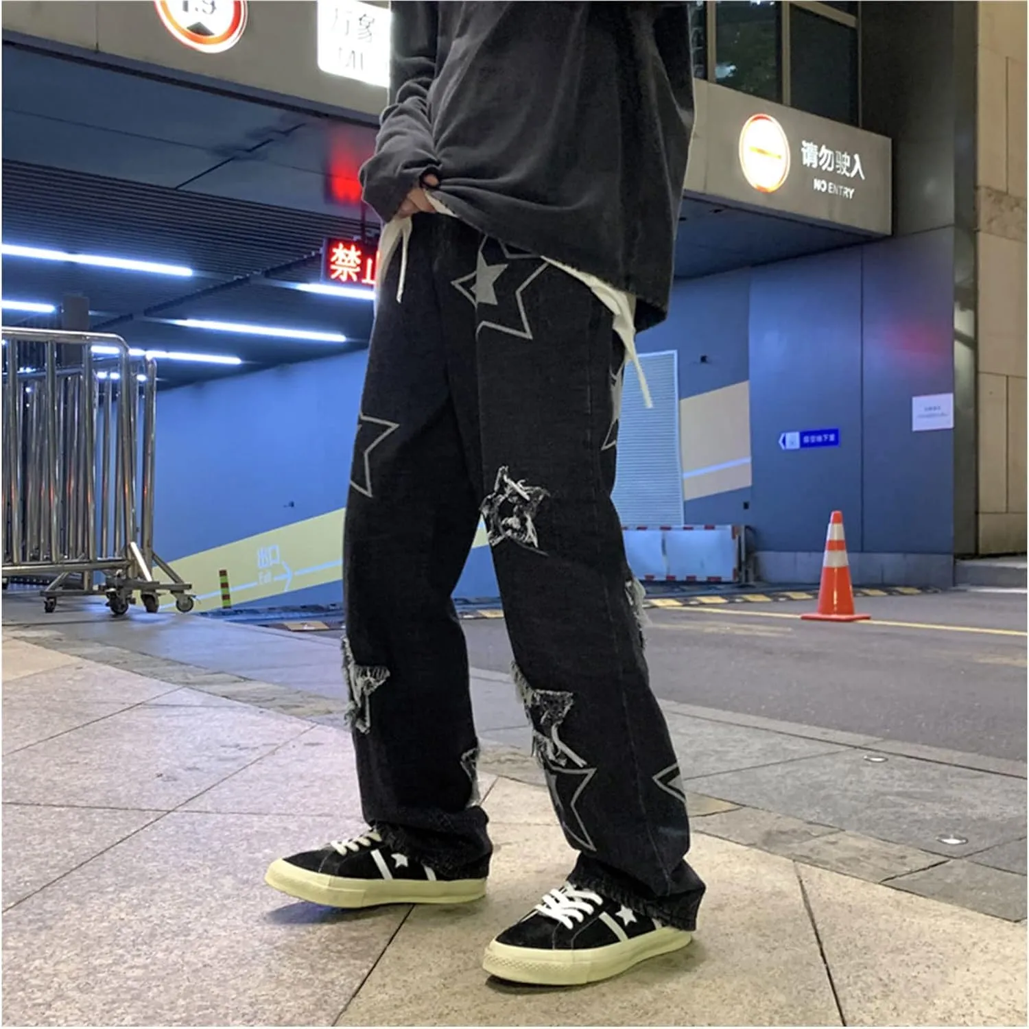 Men's Y2K Jeans Vintage Star Baggy Jean Denim Pants Loose Fit Straight Trousers