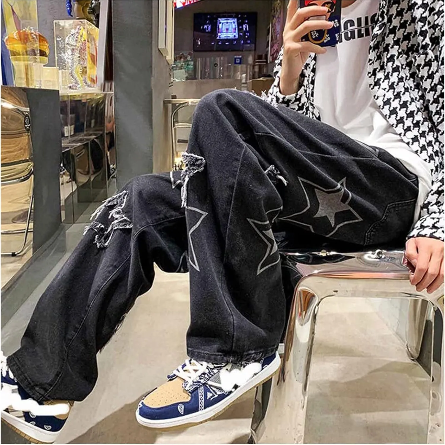 Men's Y2K Jeans Vintage Star Baggy Jean Denim Pants Loose Fit Straight Trousers