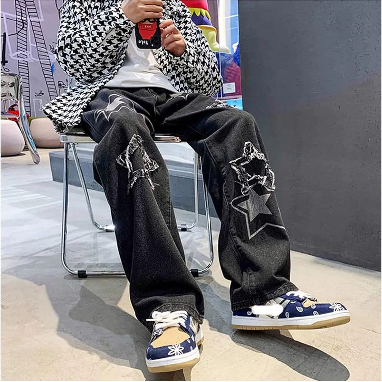 Men's Y2K Jeans Vintage Star Baggy Jean Denim Pants Loose Fit Straight Trousers