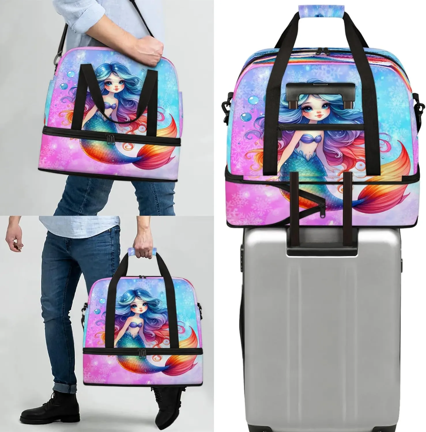 Mermaid Rainbow Snowflake Travel Duffel Bags for Women & Men Large Sports Gym Bags Foldie Weekender Overnight Bag Carry On Tote Bag With Shoe Compartment Personal Item Luggage for Travel Sports Gym