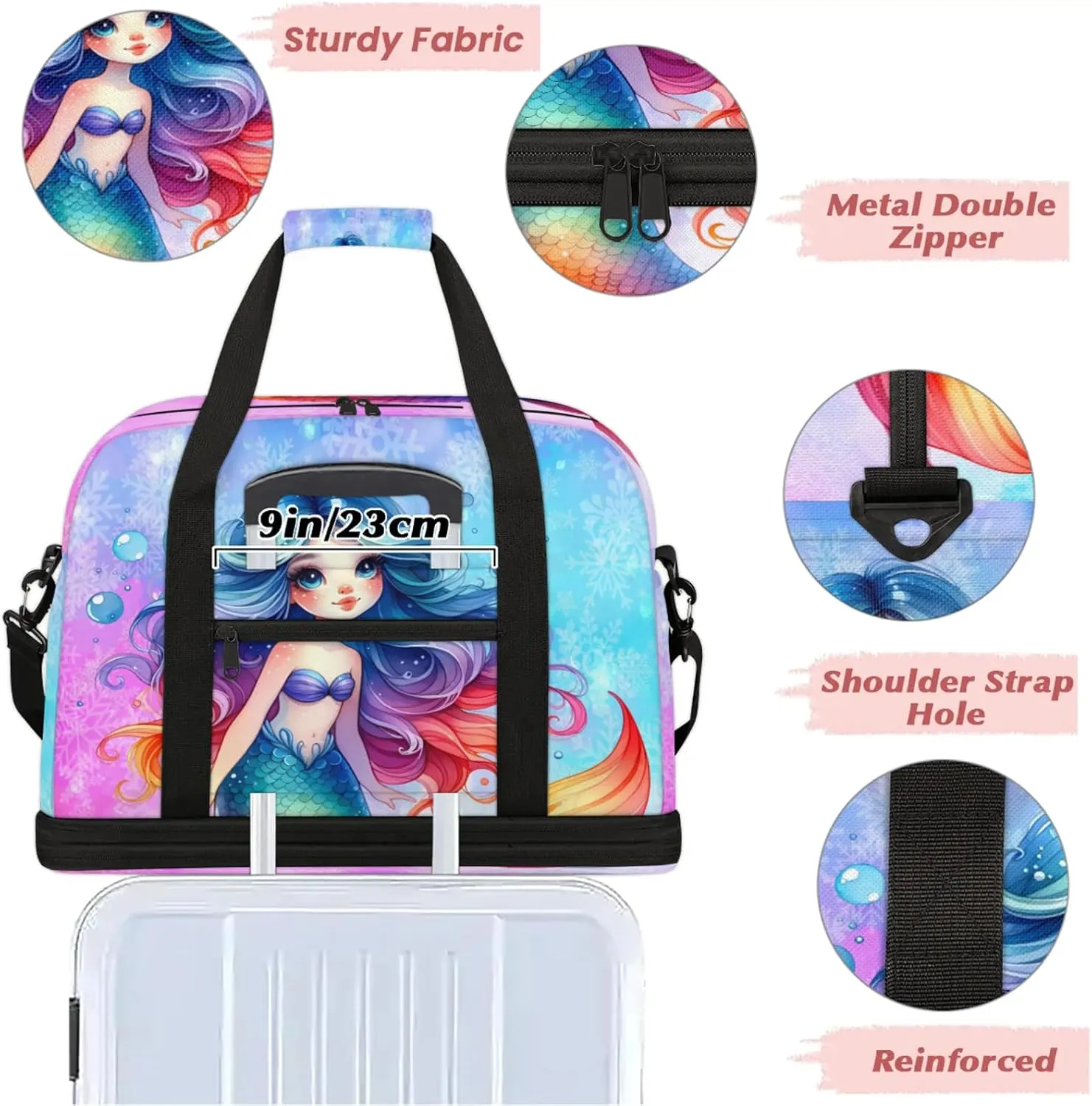 Mermaid Rainbow Snowflake Travel Duffel Bags for Women & Men Large Sports Gym Bags Foldie Weekender Overnight Bag Carry On Tote Bag With Shoe Compartment Personal Item Luggage for Travel Sports Gym