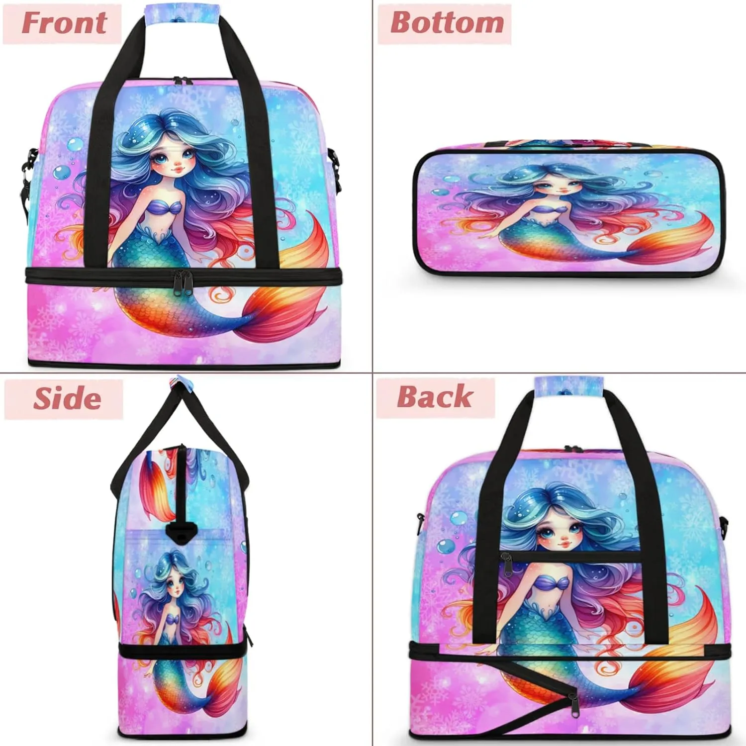 Mermaid Rainbow Snowflake Travel Duffel Bags for Women & Men Large Sports Gym Bags Foldie Weekender Overnight Bag Carry On Tote Bag With Shoe Compartment Personal Item Luggage for Travel Sports Gym