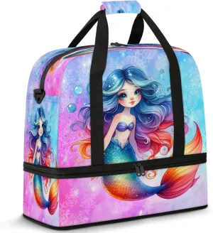 Mermaid Rainbow Snowflake Travel Duffel Bags for Women & Men Large Sports Gym Bags Foldie Weekender Overnight Bag Carry On Tote Bag With Shoe Compartment Personal Item Luggage for Travel Sports Gym