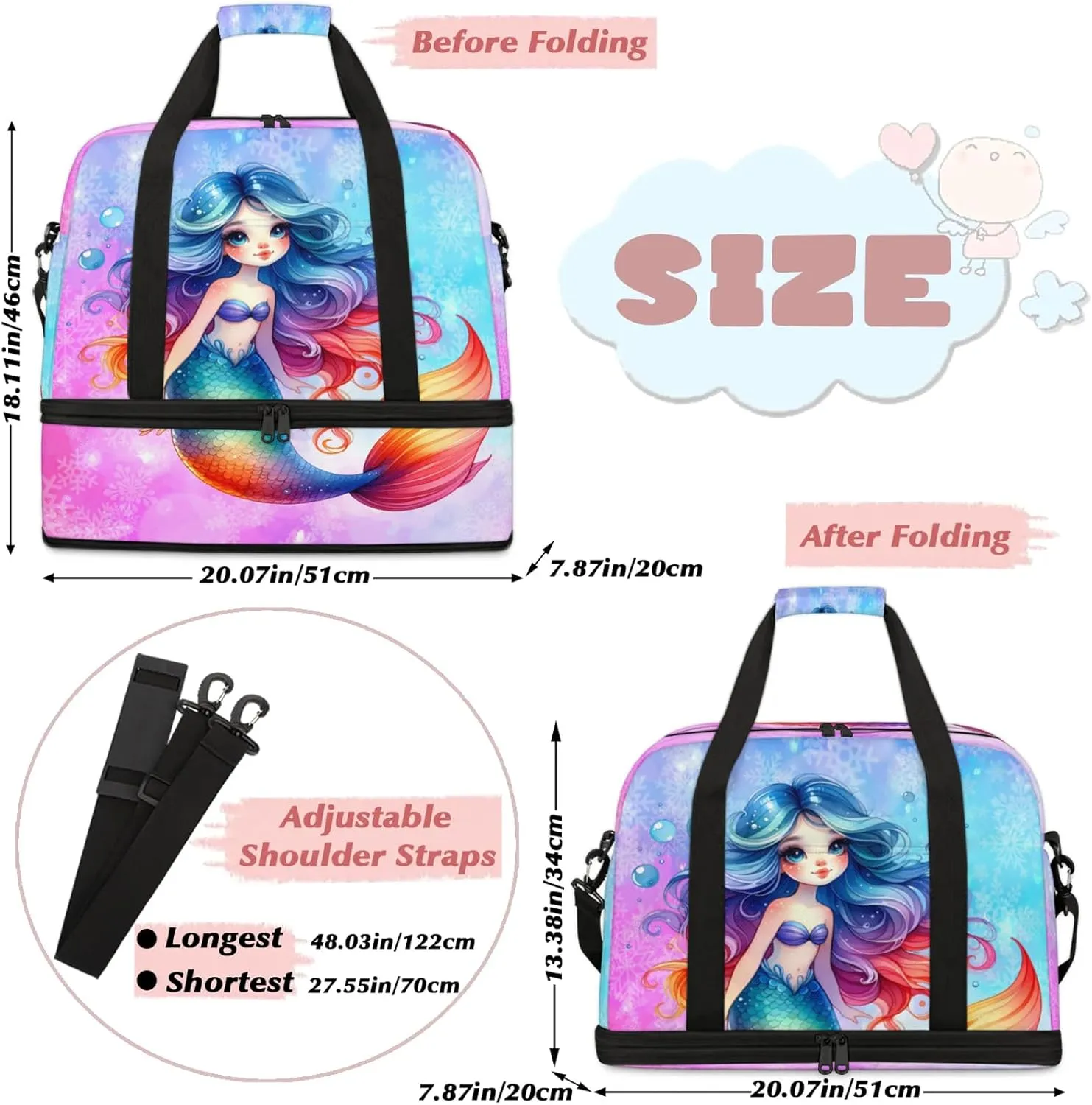 Mermaid Rainbow Snowflake Travel Duffel Bags for Women & Men Large Sports Gym Bags Foldie Weekender Overnight Bag Carry On Tote Bag With Shoe Compartment Personal Item Luggage for Travel Sports Gym