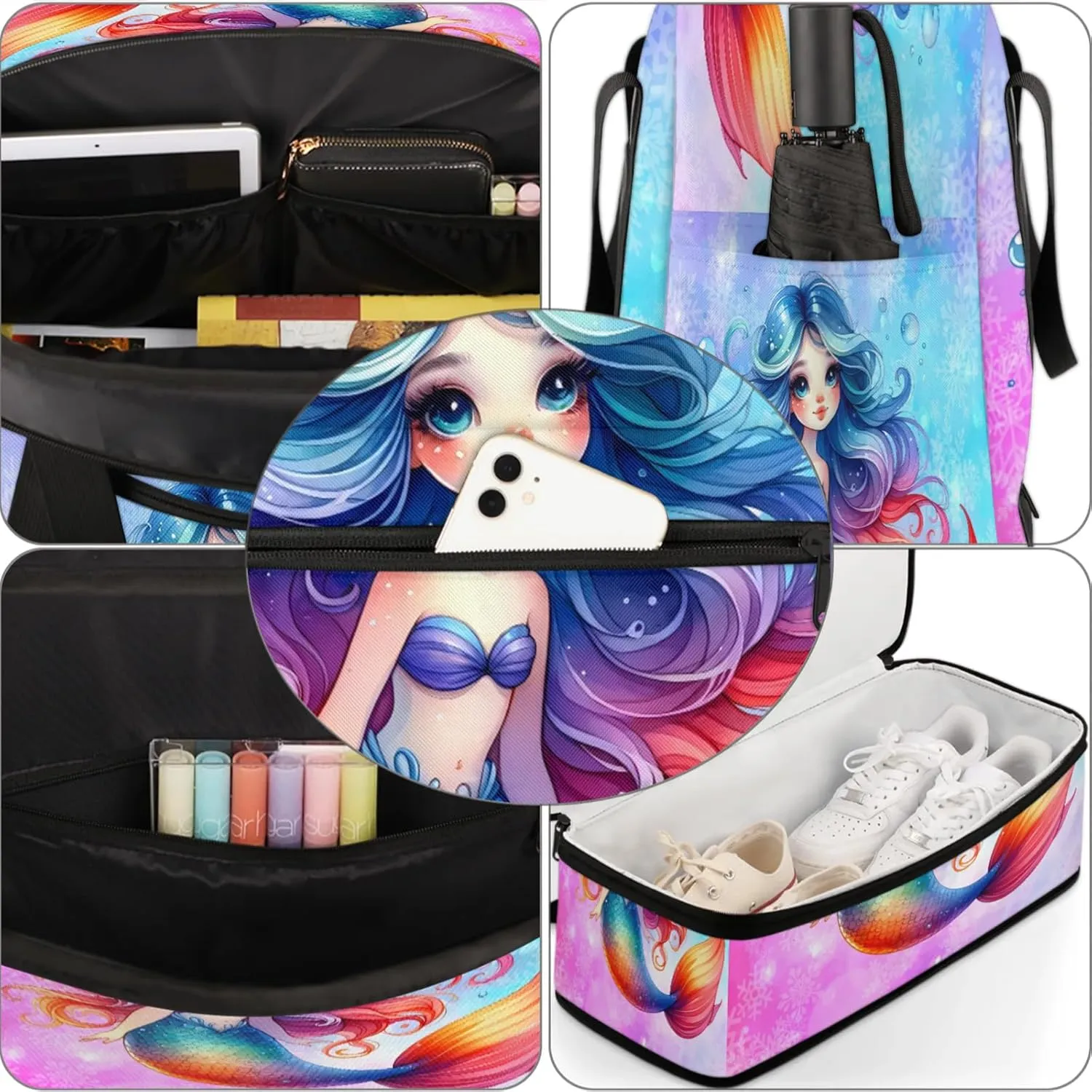Mermaid Rainbow Snowflake Travel Duffel Bags for Women & Men Large Sports Gym Bags Foldie Weekender Overnight Bag Carry On Tote Bag With Shoe Compartment Personal Item Luggage for Travel Sports Gym