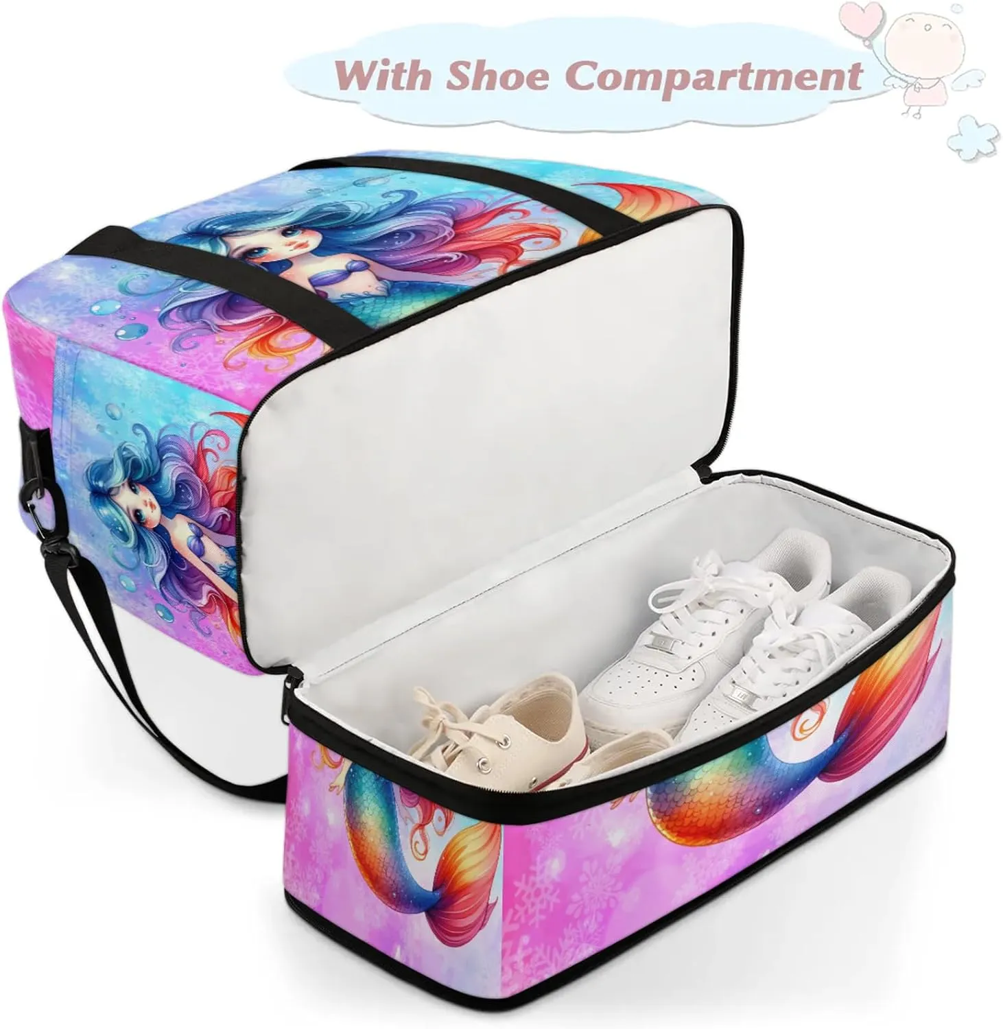 Mermaid Rainbow Snowflake Travel Duffel Bags for Women & Men Large Sports Gym Bags Foldie Weekender Overnight Bag Carry On Tote Bag With Shoe Compartment Personal Item Luggage for Travel Sports Gym