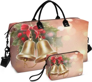 Merry Christmas Bells Sports Gym Bag for Women Men Travel Duffel Bag Weekend Overnight Carry on Bag with Toiletry Bag Air Travel Bag for Workout Swimming Yoga Plane Hospital