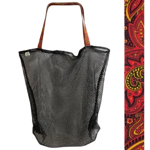 Mesh Beach Bag - Black with Red & Gold Paisley Handles
