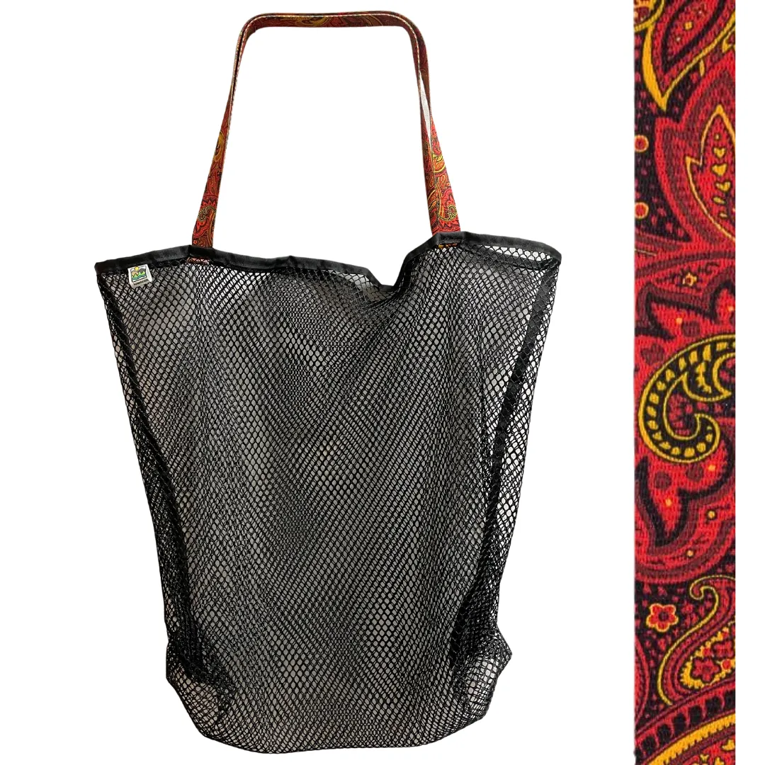 Mesh Beach Bag - Black with Red & Gold Paisley Handles