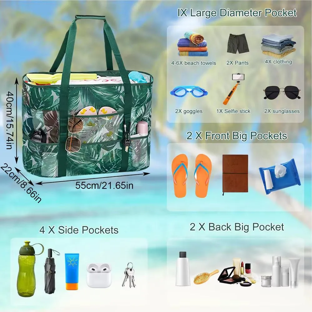 Mesh Beach Bag - Foldable Zippered and Breathable Tote