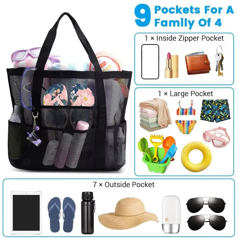 Mesh Beach Bag - Foldable Zippered and Breathable Tote