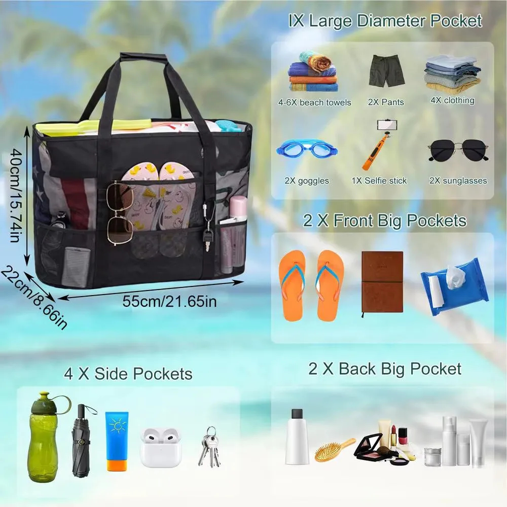 Mesh Beach Bag - Foldable Zippered and Breathable Tote