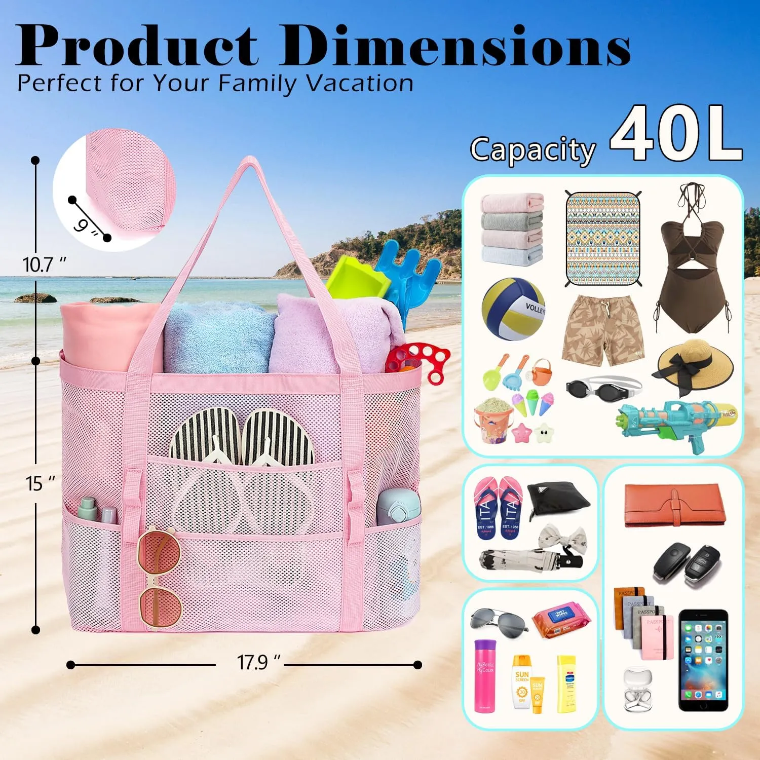 Mesh Beach Bag - Large Beach Tote Bag with Multiple Pockets for Family Beach Bag for Toys & Vacation Essentials