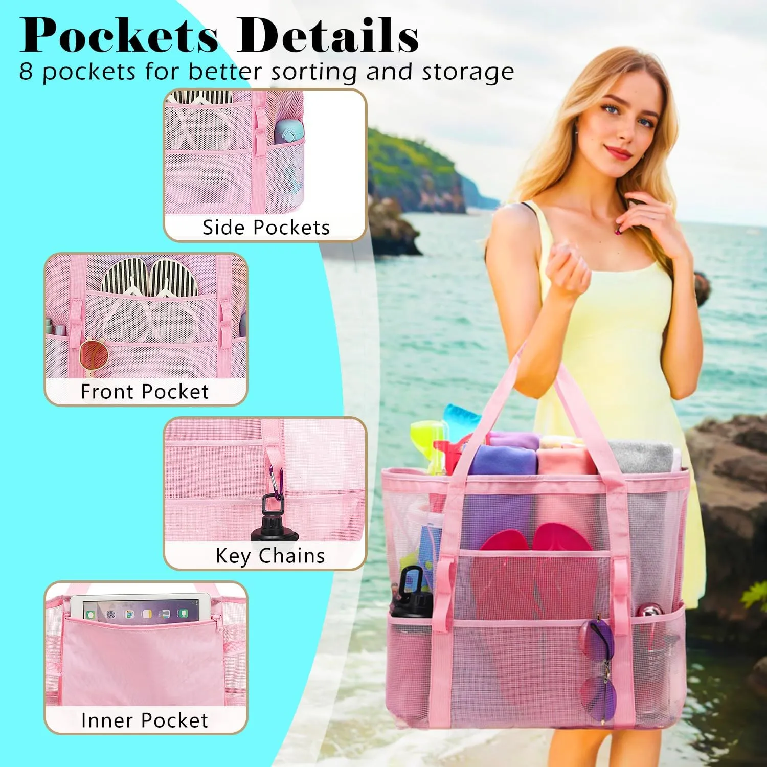 Mesh Beach Bag - Large Beach Tote Bag with Multiple Pockets for Family Beach Bag for Toys & Vacation Essentials
