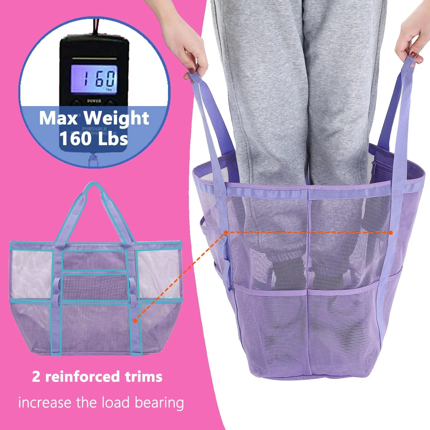 Mesh Beach Bag, Large Beach Tote with Zipper Pocket for Family Pool Bag for Toys & Vacation Essentials