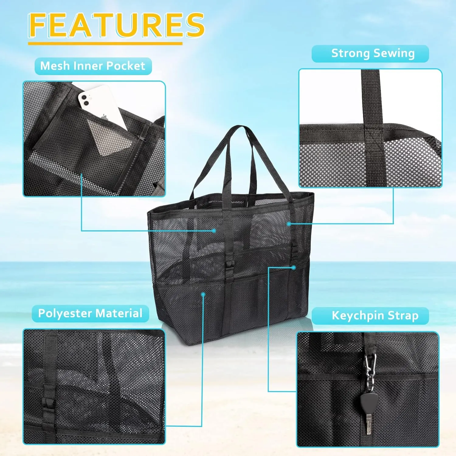 Mesh Beach Bag - Large Tote Bag for Family, Toys & Vacation Essentials