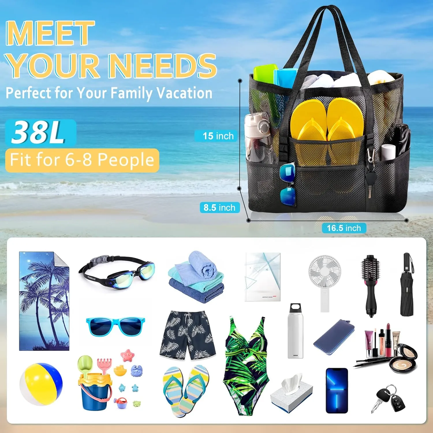 Mesh Beach Bag - Large Tote Bag for Family, Toys & Vacation Essentials