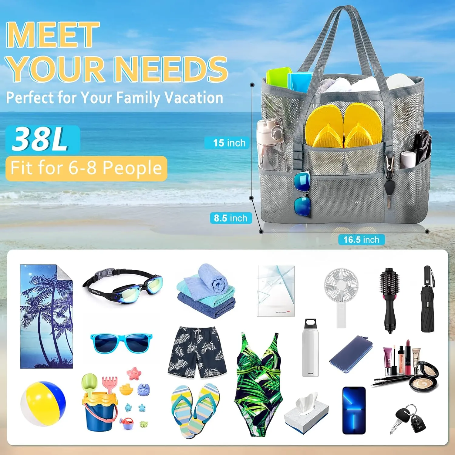 Mesh Beach Bag - Large Tote Bag for Family, Toys & Vacation Essentials