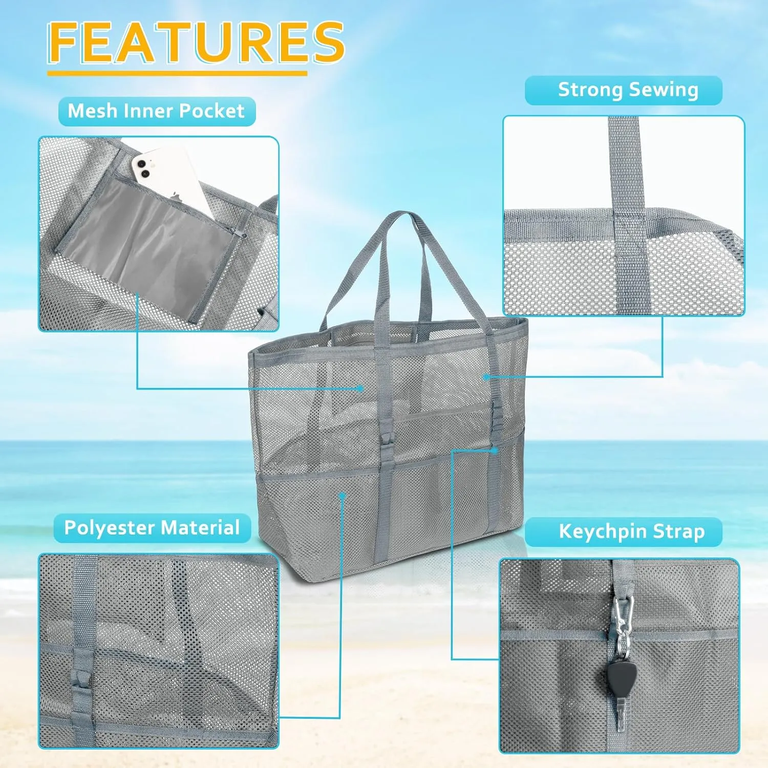 Mesh Beach Bag - Large Tote Bag for Family, Toys & Vacation Essentials