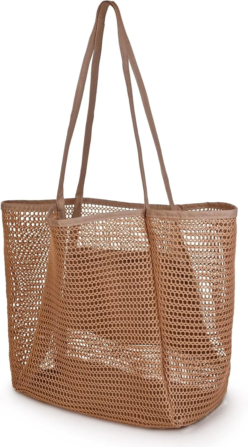 Mesh Beach Bags - Waterproof Sandproof Large Beach Mesh Tote Bag Hobo Bags for Swimming Pool Travel Bags,33L One-Piece Stitching Thickened, Brown