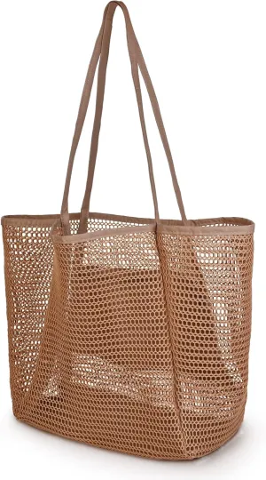 Mesh Beach Bags - Waterproof Sandproof Large Beach Mesh Tote Bag Hobo Bags for Swimming Pool Travel Bags,33L One-Piece Stitching Thickened, Brown