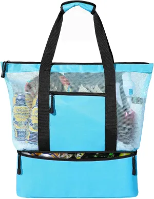 Mesh Beach Tote Bag With Cooler - Cooler Beach Bags for Women, Large Tote Bags Waterproof Sandproof Swim Pool Travel Daily Tote Bag, Blue
