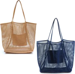 Mesh Beach Tote Womens Shoulder Handbag (Tan, Navy)