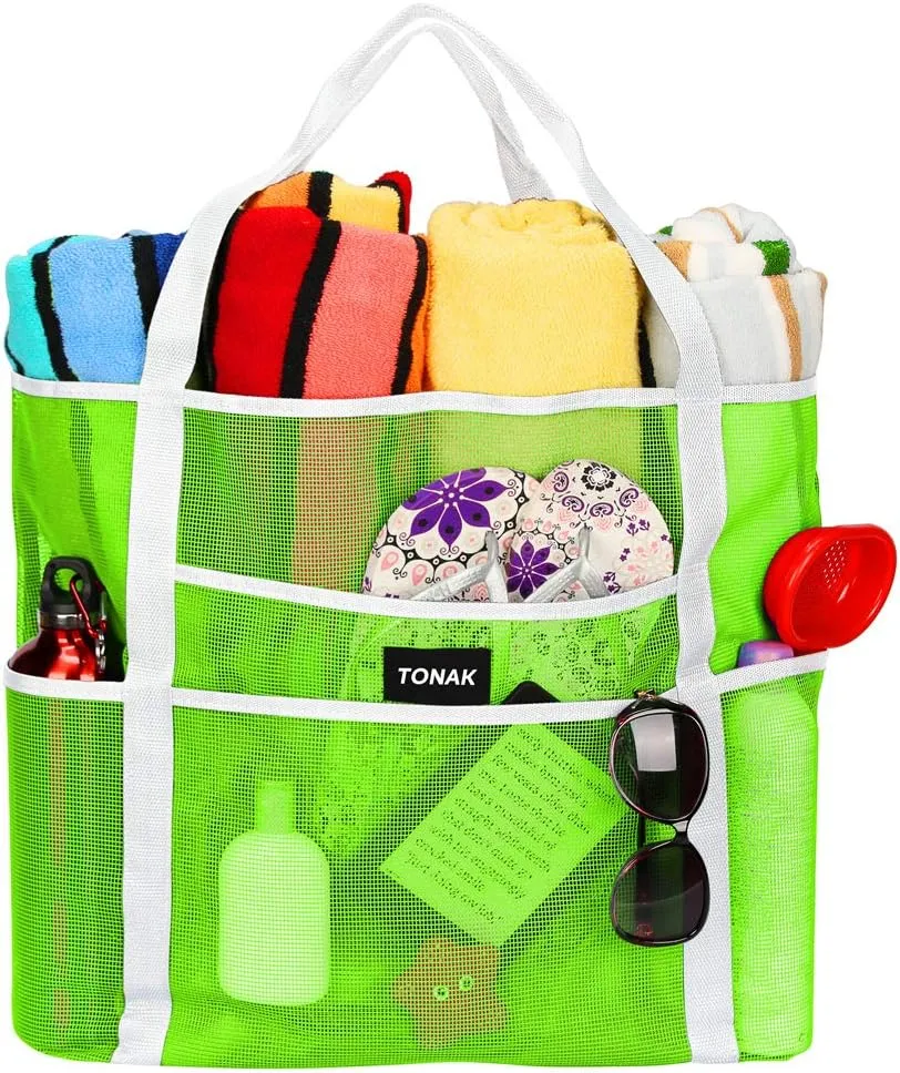 Mesh Beach Toy Tote Grocery Storage Net Bag Oversized Big XL with Pockets Foldable Lightweight for Family Pool