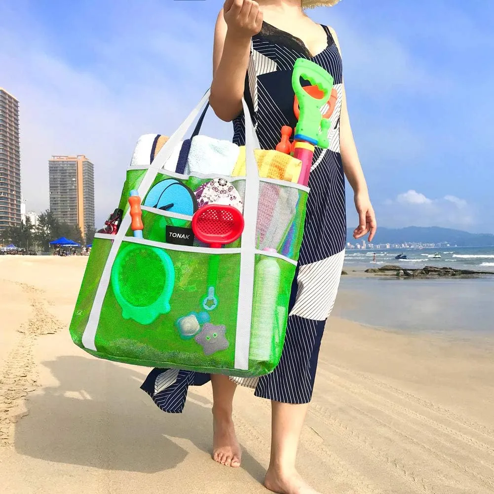 Mesh Beach Toy Tote Grocery Storage Net Bag Oversized Big XL with Pockets Foldable Lightweight for Family Pool