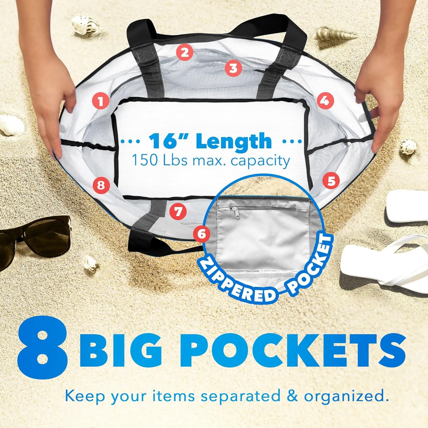 Mesh Sand Free Bag - Strong Lightweight Bag For Beach & Vacation Essentials. Tons of Storage!