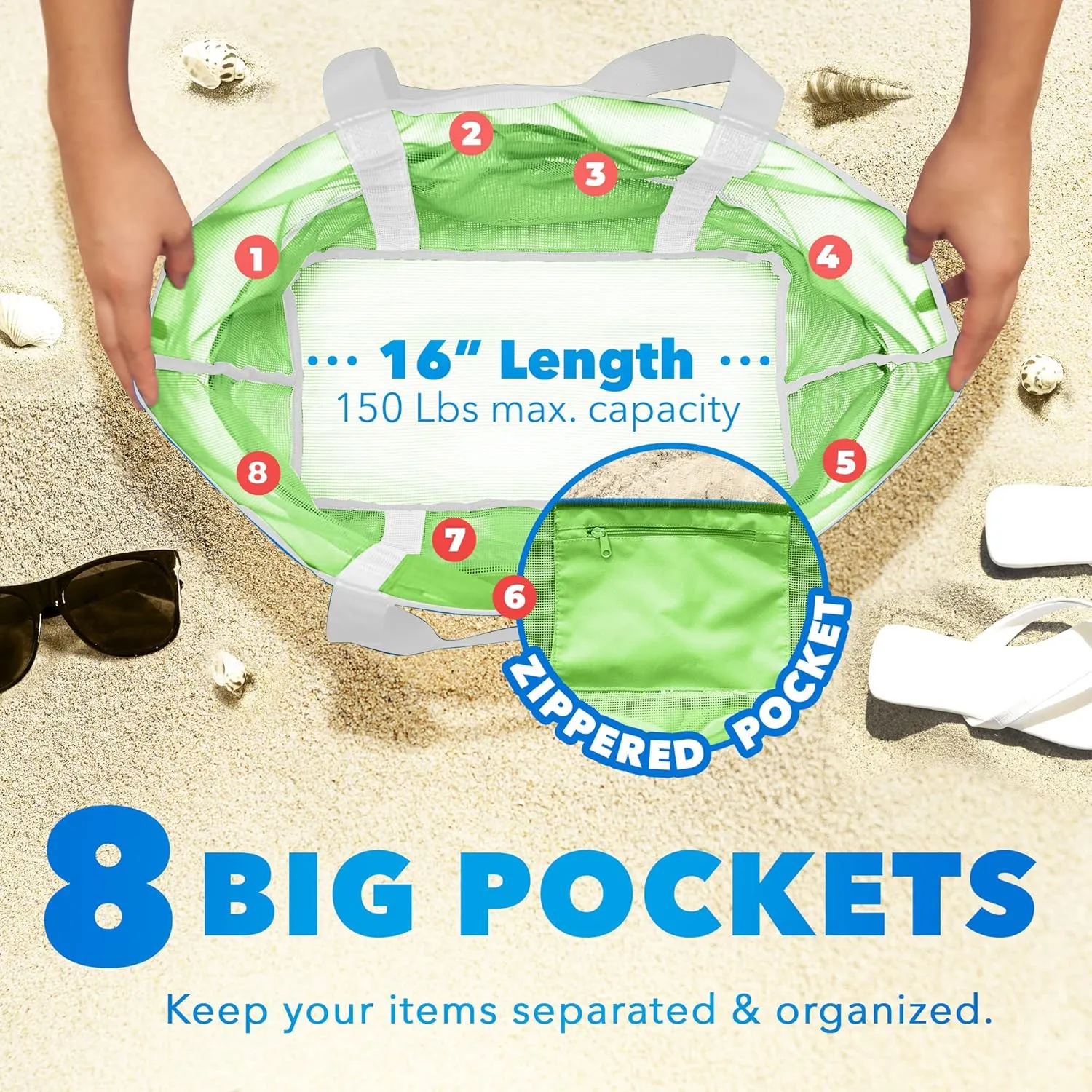 Mesh Sand Free Bag - Strong Lightweight Bag For Beach & Vacation Essentials. Tons of Storage!