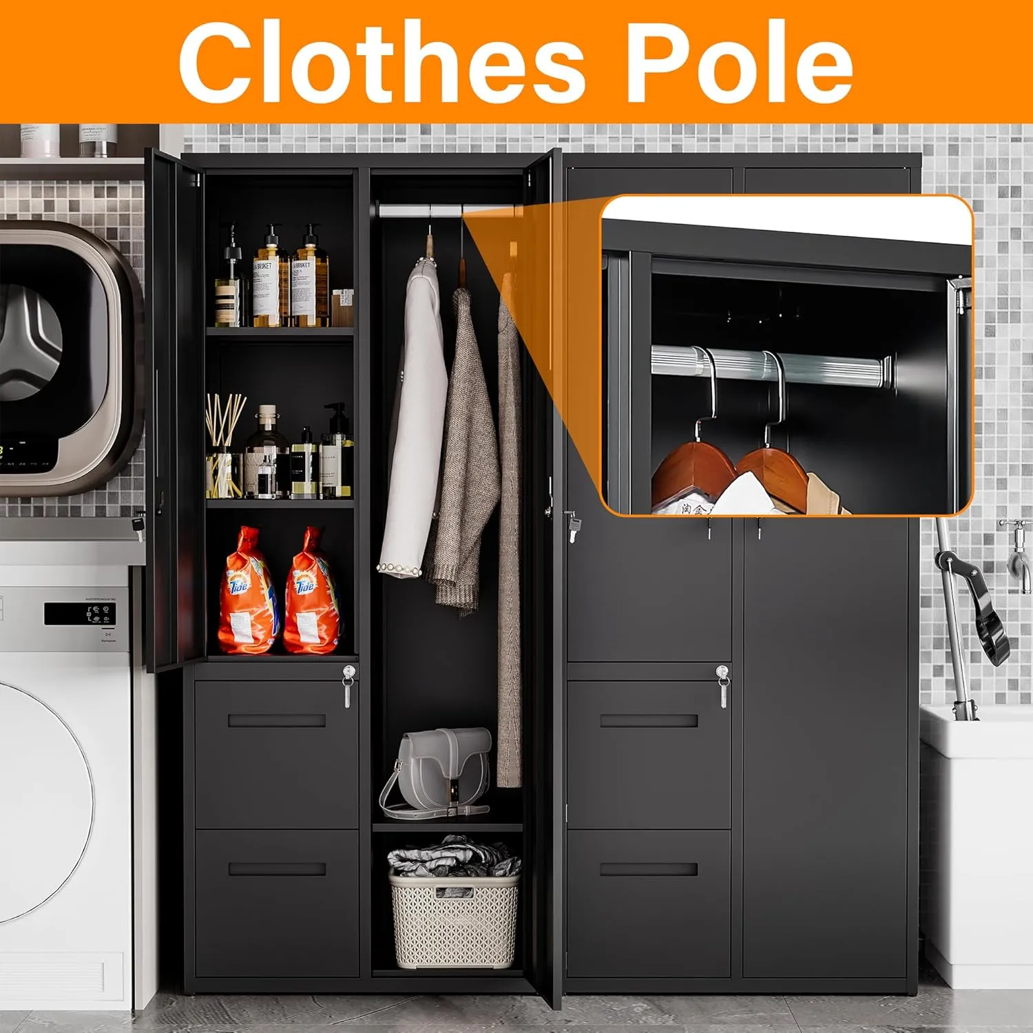 Metal Storage Cabinets Locker, 67" Locker with Clothes Rod, Lockable Freestanding Wardrobe for Office, Home, School, Laundry Room, Gym (Black)