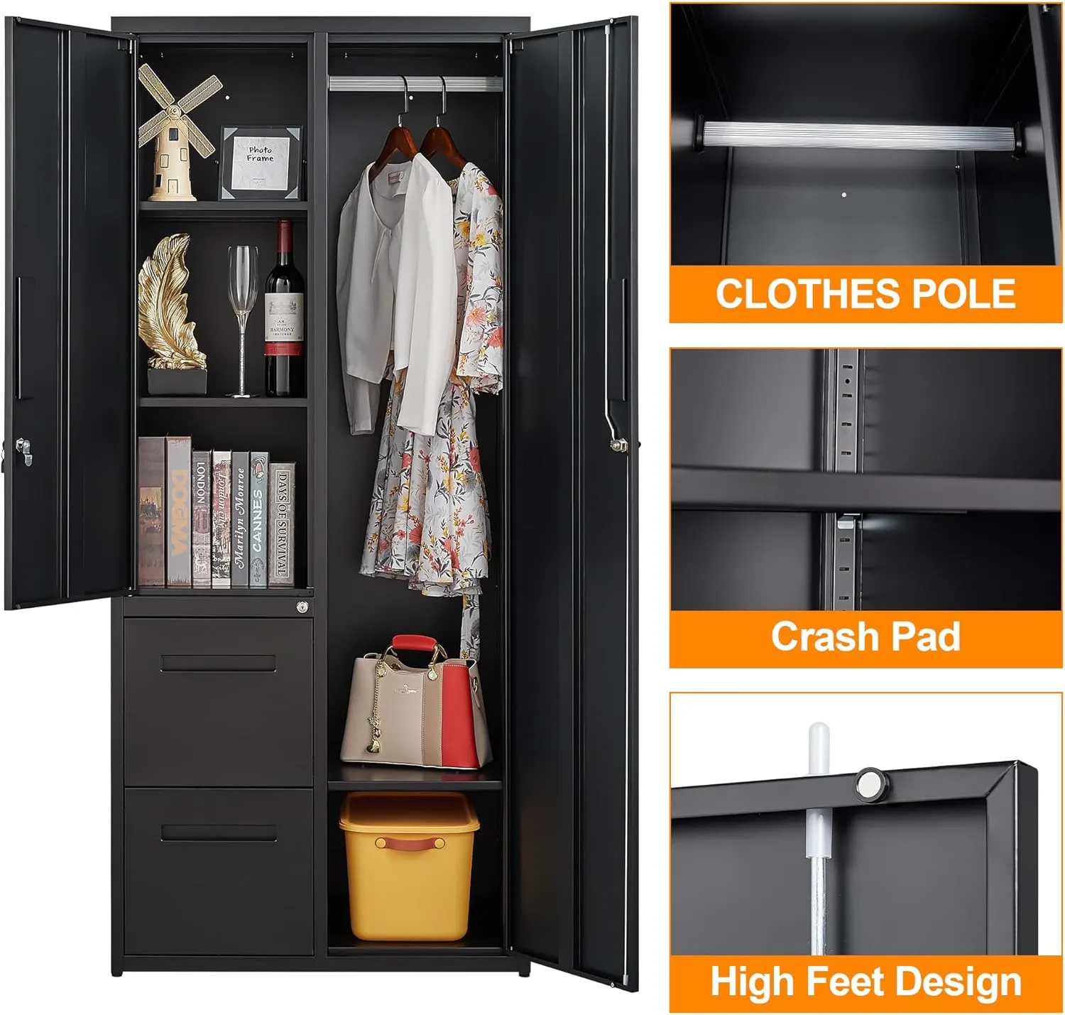 Metal Storage Cabinets Locker, 67" Locker with Clothes Rod, Lockable Freestanding Wardrobe for Office, Home, School, Laundry Room, Gym (Black)