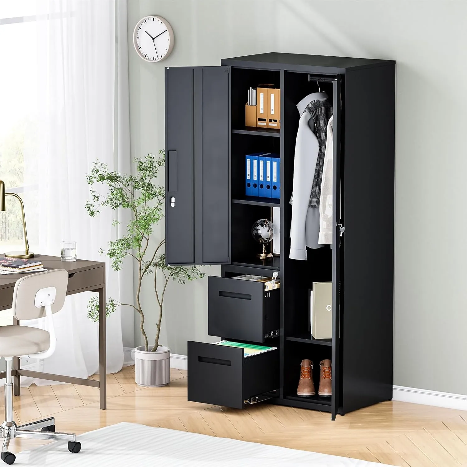Metal Storage Cabinets Locker, 67" Locker with Clothes Rod, Lockable Freestanding Wardrobe for Office, Home, School, Laundry Room, Gym (Black)