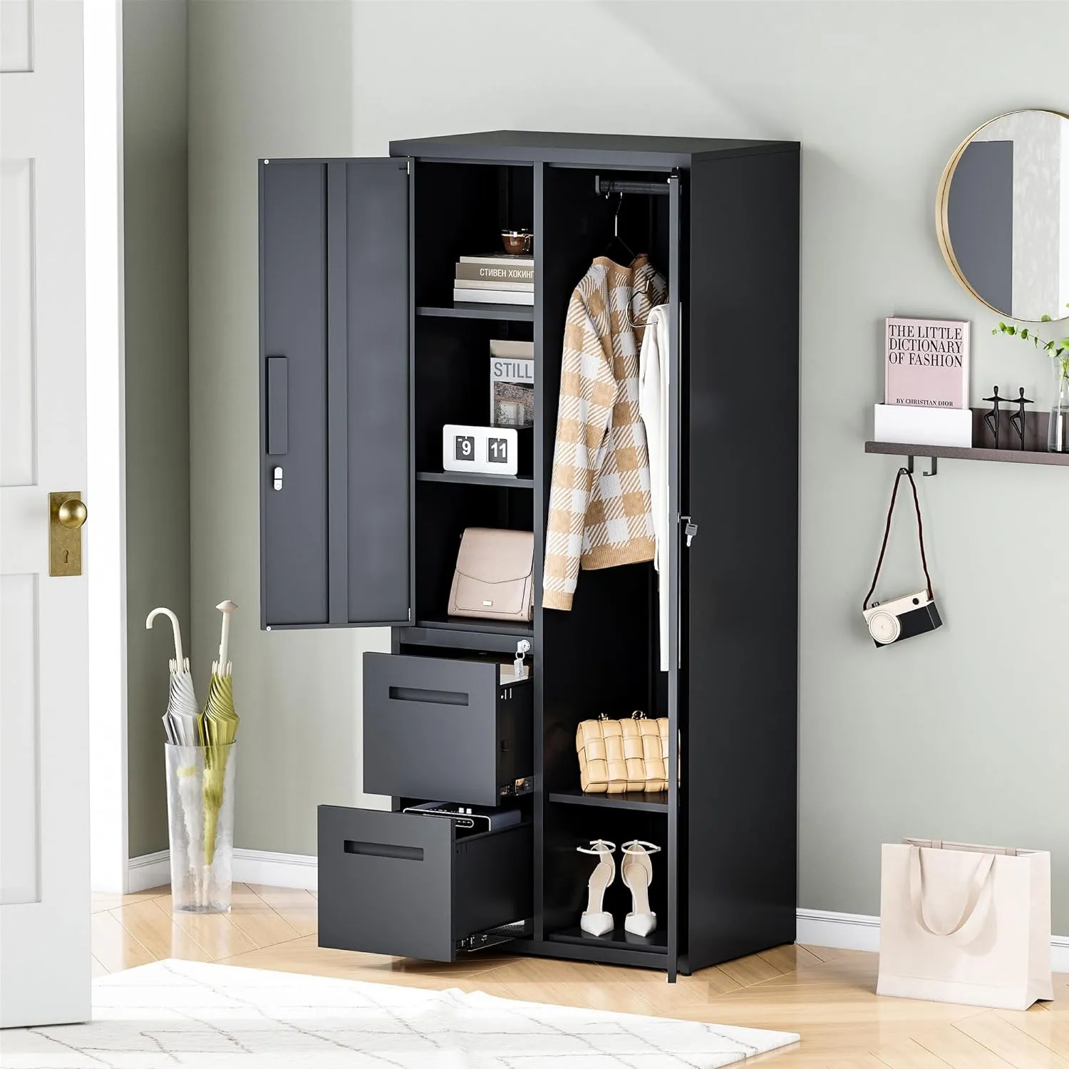 Metal Storage Cabinets Locker, 67" Locker with Clothes Rod, Lockable Freestanding Wardrobe for Office, Home, School, Laundry Room, Gym (Black)