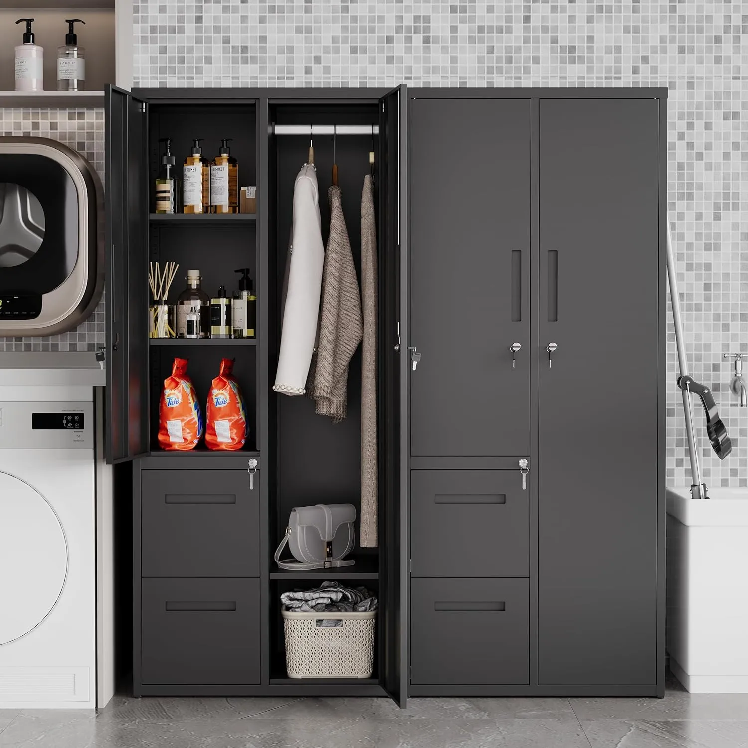 Metal Storage Cabinets Locker, 67" Locker with Clothes Rod, Lockable Freestanding Wardrobe for Office, Home, School, Laundry Room, Gym (Black)