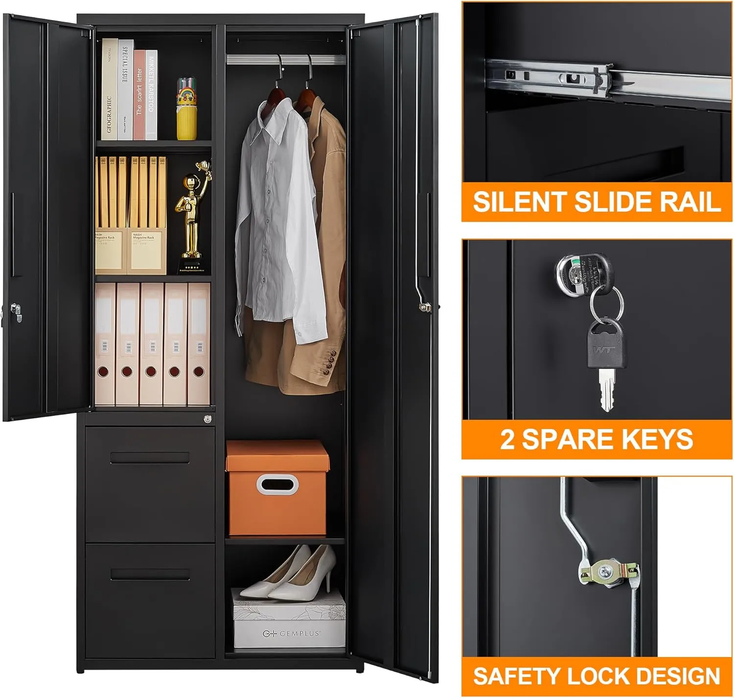 Metal Storage Cabinets Locker, 67" Locker with Clothes Rod, Lockable Freestanding Wardrobe for Office, Home, School, Laundry Room, Gym (Black)