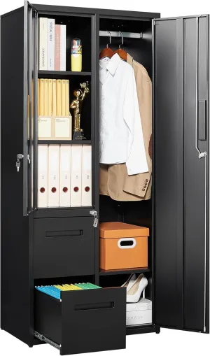 Metal Storage Cabinets Locker, 67" Locker with Clothes Rod, Lockable Freestanding Wardrobe for Office, Home, School, Laundry Room, Gym (Black)