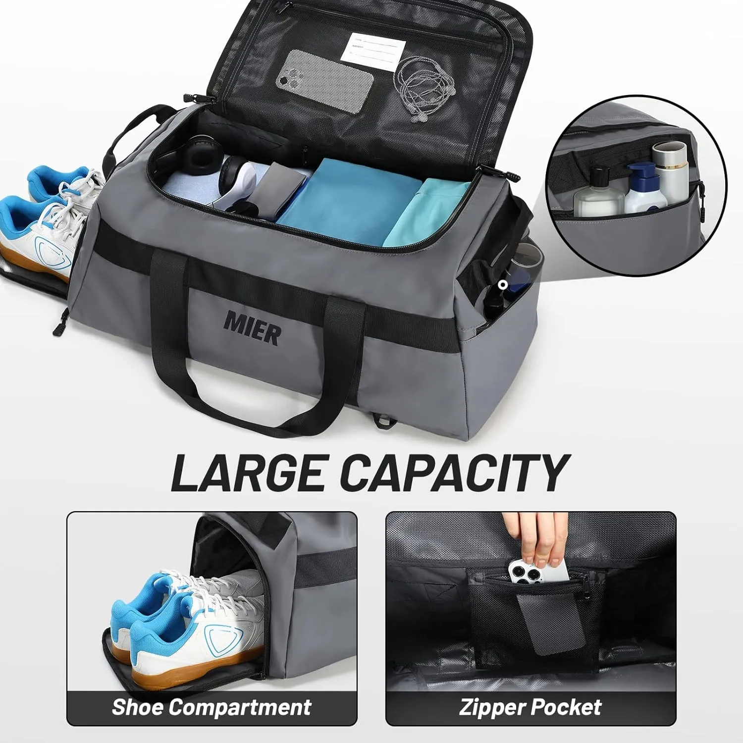 MIER Gym Bag for Men Large Duffel Backpack with Shoe Compartment, 60L Convertible Duffle Bags Weekender Overnight Bag for Gym Sports Travel, Gray